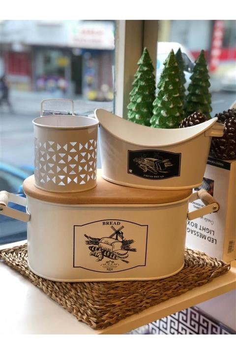 ZÜBAHOME Metal Ferforje Ahşap Kapaklı (üstü Ekmek Kesme Tahtası) Ve Sofra Ekmeklik&karşıklık Set