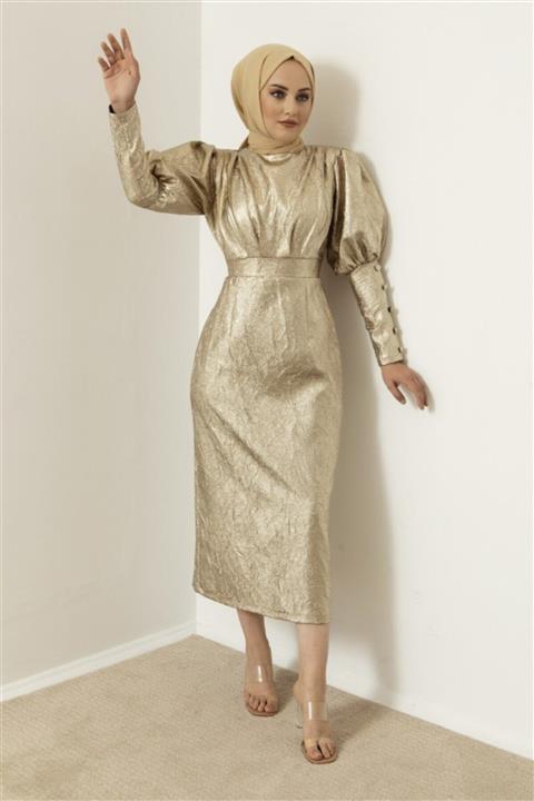 EMELL TURGAY Balon Kol Simli Koyu Gold Abiye