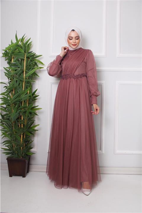 Moda Echer Tesettür Abiye Elbise Tül Kumaş Dantel Aksesuarlı