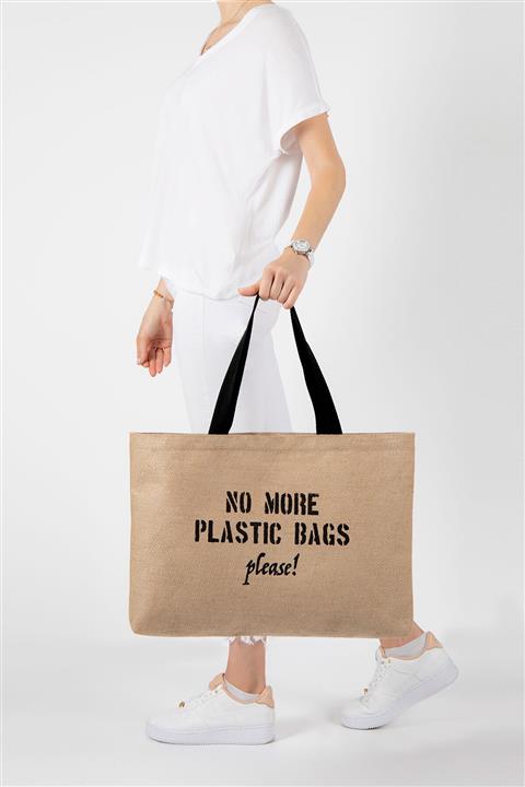 OCEAN HOME No More Plastic Bags Baskılı Jüt Plaj Çantası