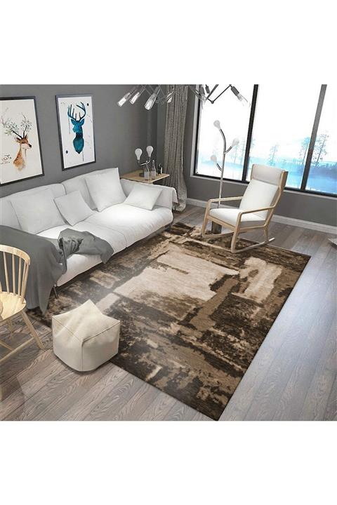 Sermod Soyut Bej Kahve Tonlamalı Dekoratif Modern Kaymaz Süngerli Halı Örtüsü