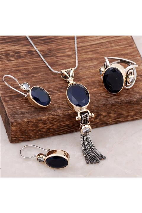 Sümer Telkari Safir Taşlı Tasarım Gümüş Set 1895