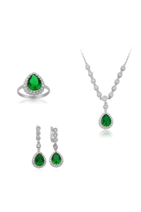 Gumush Gümüş Yeşil Taşlı Damla Set