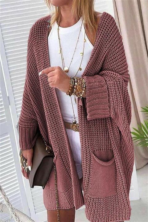 Devinka Oversize Kalıp Kadın Gül Kurusu Uzun Cepli Triko Hırka