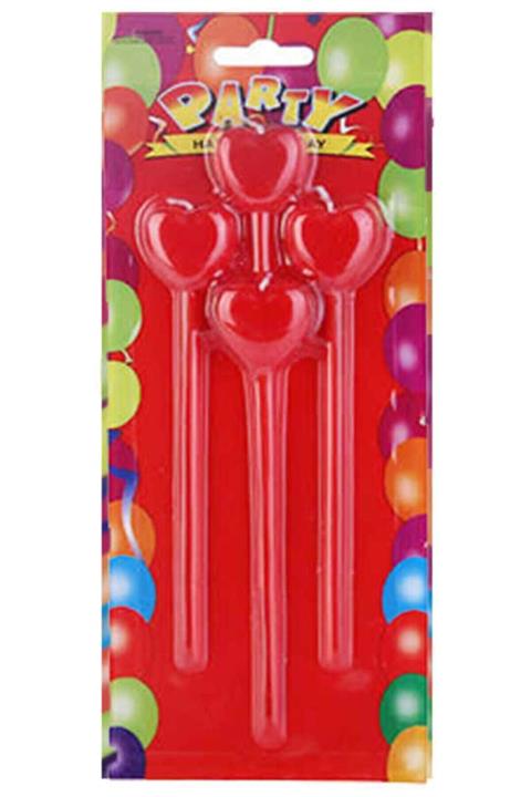 Acar Süs Çubuklu Kırmızı Kalp Mum 4'lü