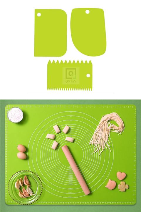 QNİAY Hamur Seti 4lü Set Silikon Ölçekli Hamur Açma Matı + 3 Lü Hamur Kesme Aparatı Spatulası Börek Mantı