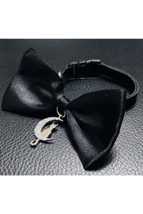 NİMBO Ayarlanabilir Zirkon Taş Siyah Saten Papyonlu Süet Kedi Ve Küçük Irk Köpek Tasması