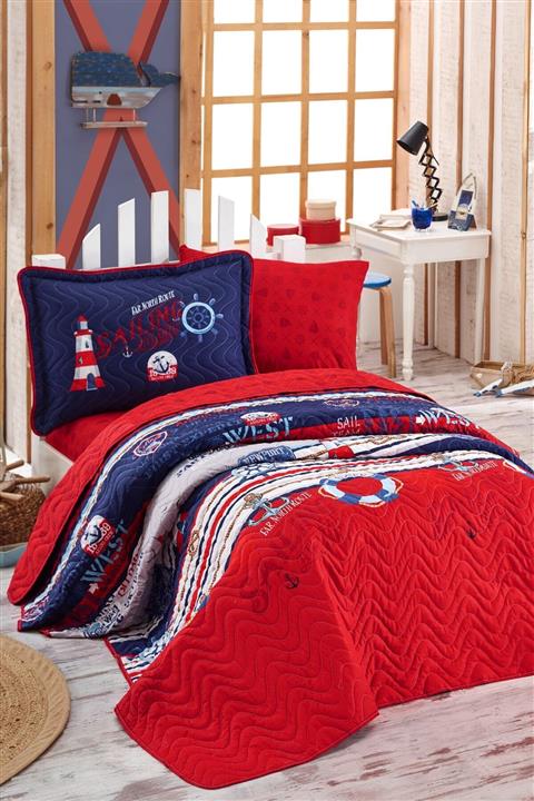 Clasy Aran %100 Pamuk Genç Yatak Örtüsü -Rota Kırmızı Lacivert