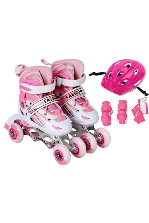 Asya Oyuncak Çift Sıra Ayarlanabilir Işıklı 2+1 Alıştırma Pateni  Dizlik Seti  Kask Pembe 38-41