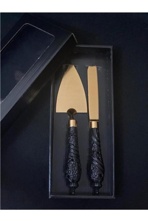çilekev Siyah Taş Tutmalı Altın Pasta Bıçak Spatula Seti 2'li