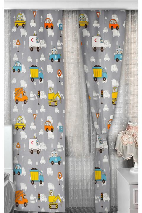 Bebişim Halı Çift Kanat Fon Perde Araba Desenli Takım Perde