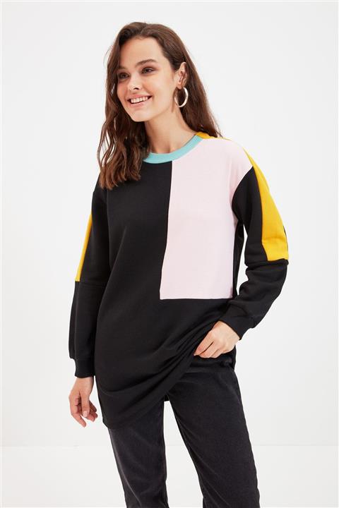 Trendyol Modest Siyah Renk Bloklu Örme Sweatshirt TCTAW22TW0075