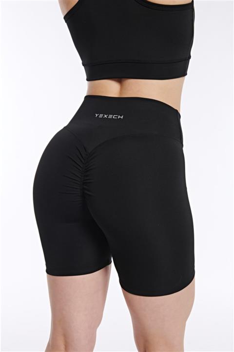 yexech Kadın Pushup Büzgülü Spor Şort - Siyah - Ritim Serisi - Black Biker Rhythm Series
