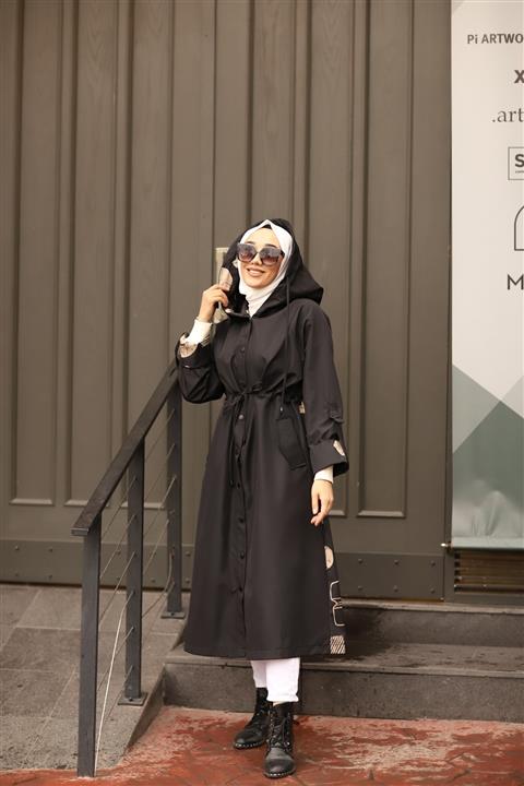 Moda İnci Kadın Siyah Tasarım Trençkot