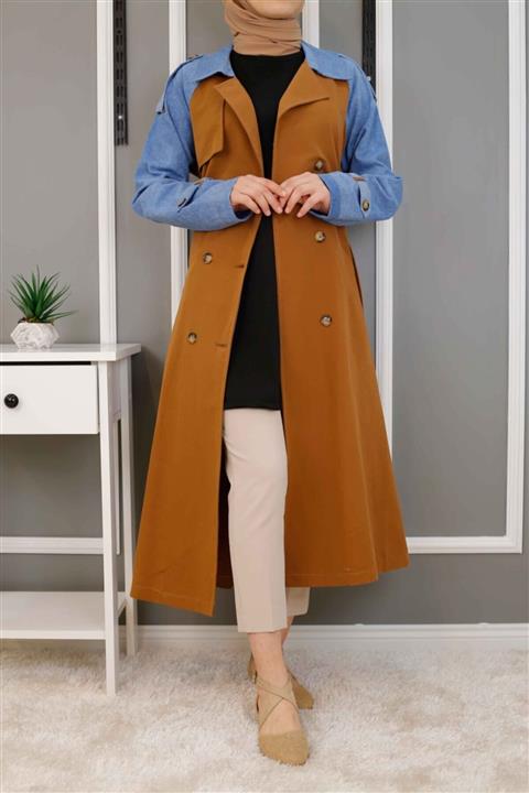 İmajButik Kot Detaylı Uzun Trençkot-taba