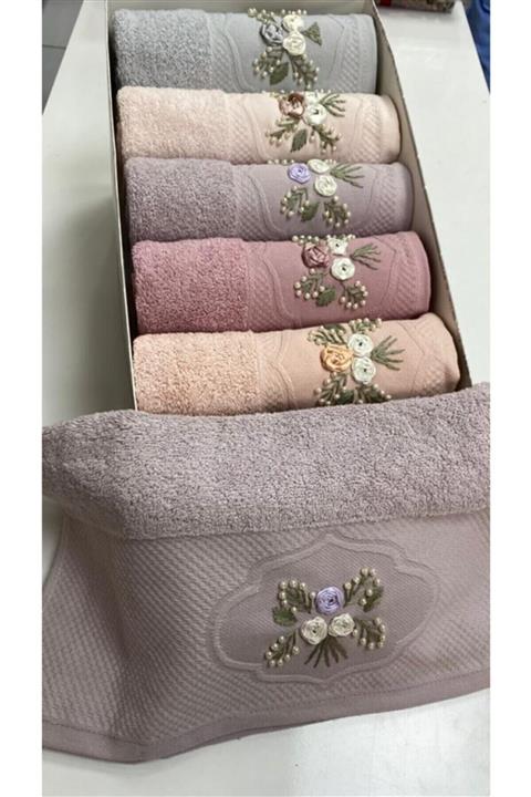 ayhan home ev tekstili 3d El Işleme Kurdele Nakışlı Incili Kutulu Lüks Çeyizlik 30x50 6'lı Mutfak Havlu Seti