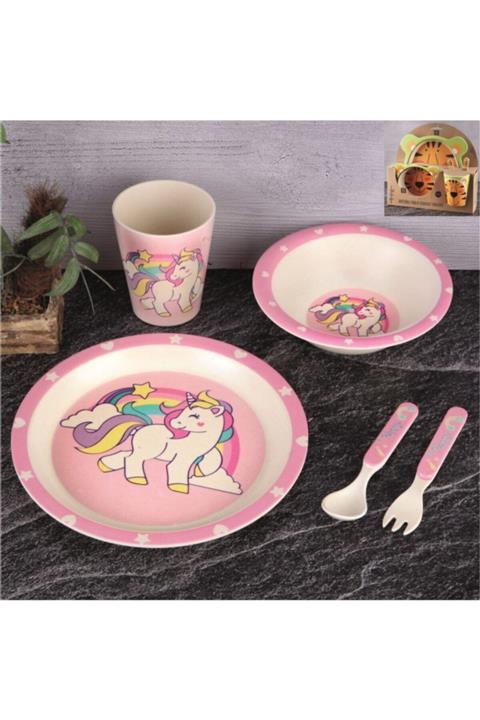 İAMOKSTORE Pembe Unicorn Doğal Bambu Fiber Bebek Mama Takımı