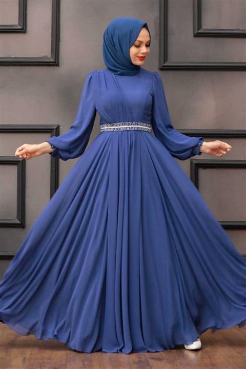 New Elegans Balon Kol Indigo Mavisi Tesettür Abiye