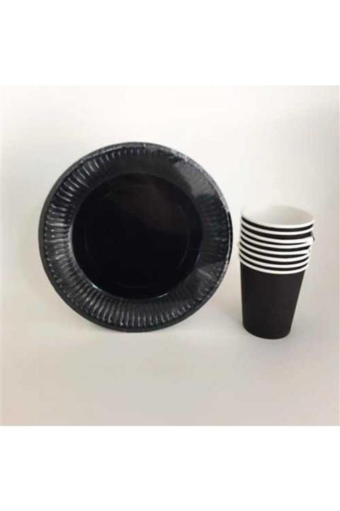 Bi Organik Siyah Renk Karton Tabak Ve Bardak Seti