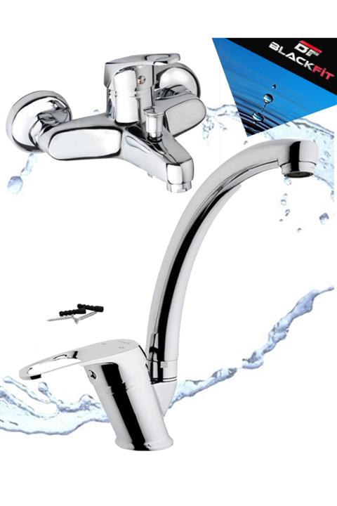 BlackFit 2'li Set Çift Su Girişli Mix Kuğu Lavabo Bataryası Ve Çift Su Girişli Banyo Bataryası