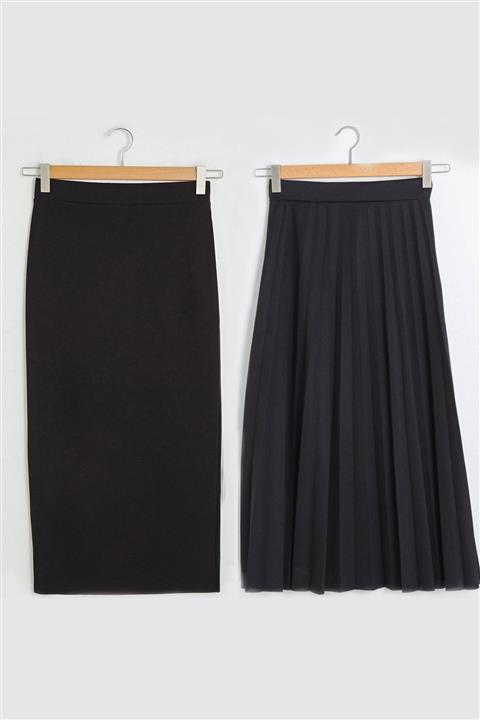 Essah Moda Kadın Siyah Kalem Siyah Piliseli Uzun Etek