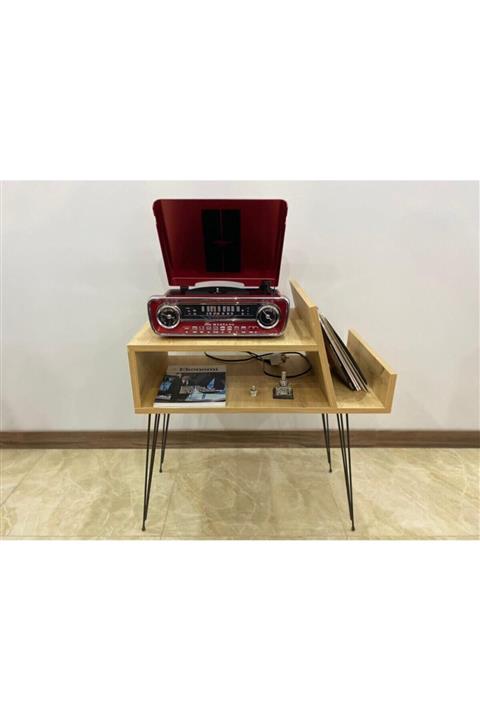 Lernan Group Retro Plak Ve Pikap Sehpası Açık Kahverengi Beyaz Ayak