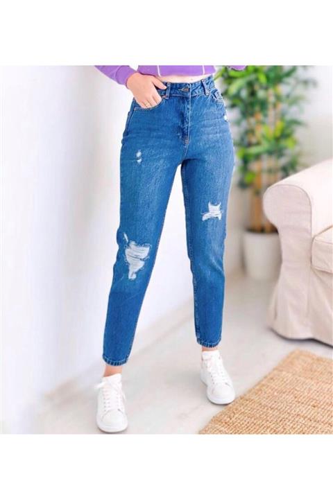 sinanurmoda Kadın Koyu Mavi Yırtık Denim Kot Pantolon