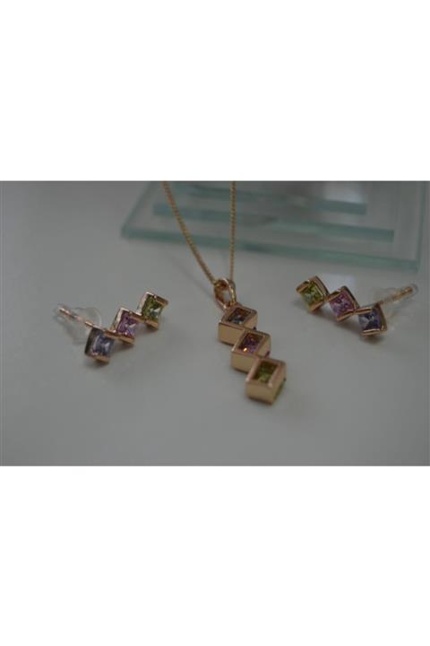 XUPING JEWELRY Xuping Rodyum Kaplamalı Pastel Zirkon Renkli Taşlı Trio Takım