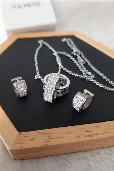 Palmiero Zirkon Taşlı Çelik Küpe Kolye Set