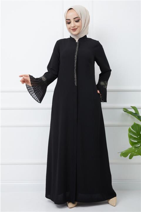 GİZALE TEKSTİL Şifonlu Pliseli Taşlı Abaya