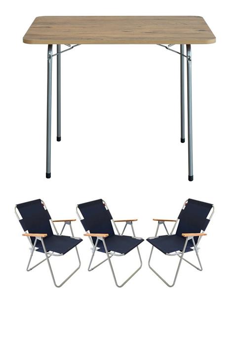 Bofigo 60x80 Çam Katlanır Masa + 3 Adet Katlanır Sandalye Kamp Seti Bahçe Balkon Takımı Lacivert