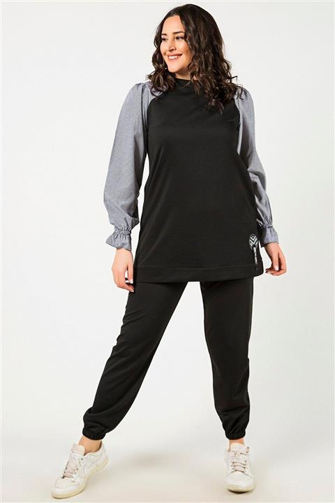 Womenice Siyah Kolları Kareli Takım