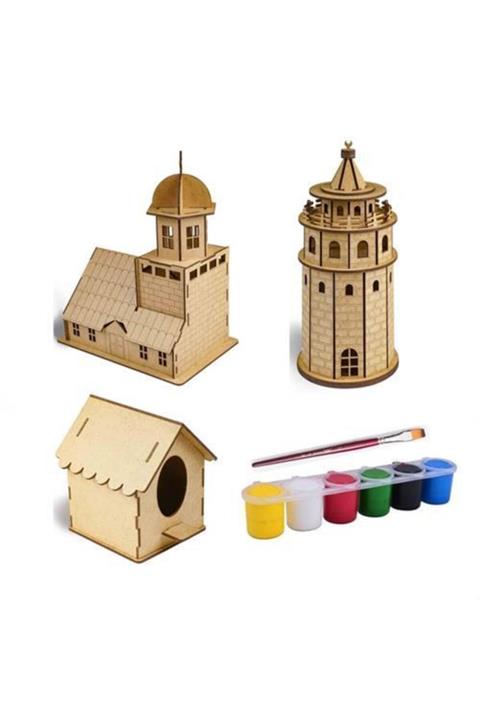 Hobialem Ahşap Maket, 3 Lü Set, Maket Boyama Seti, Ahşap Puzzle, Akrilik Boya, Fırça
