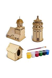 Hobialem Ahşap Maket, 3 Lü Set, Maket Boyama Seti, Ahşap Puzzle, Akrilik Boya, Fırça