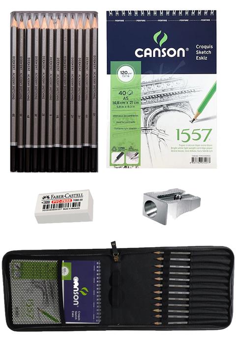 Canson Glance Derwent Dereceli Kalem 12'li A5 Eskiz Defteri 40 Yp Deri Çanta Set