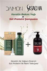 DAIMON Premium Yıpranmış Saçlar Keratin Bakım Yağı 100 Ml + Saç Ha Onarıcı Süt Proteini Şampuanı