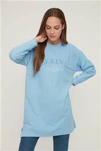 Trendyol Modest Mavi Baskılı Bisiklet Yaka Örme Sweatshirt TCTAW22TW0257