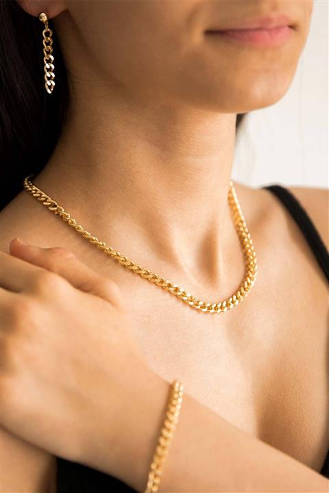 THOMAS ALLİ Kadın Gold Küpe Kolye Bileklik Seti Ta21