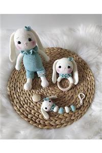 çamaşırsepeti Amigurumi Yeni Doğan Uzun Kulaklı Emzik + Çıngırak + Bebek Set 3 Lü Emzik Seti