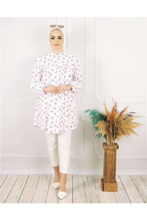 Divanisa Kiraz Desen Fırfırlı Gömlek Beyaz