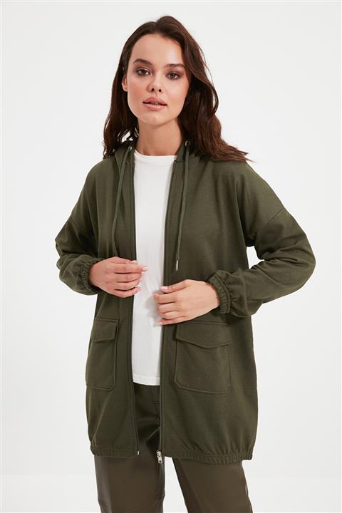 Trendyol Modest Haki Fermuarlı Kapüşonlu Örme Sweatshirt TCTAW22TW0009