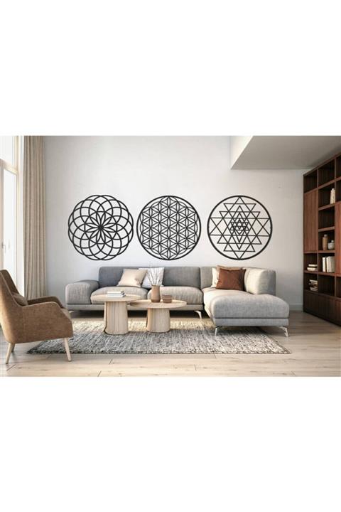 evdeucuz Yaşam Çiçeği Sri Yantra Ve Torus 3'lü Set Duvar Tablosu