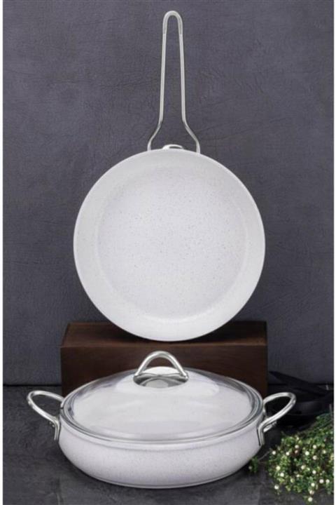 Taç Luna Granit Döküm 2'li Tencere Tava Set Beyaz