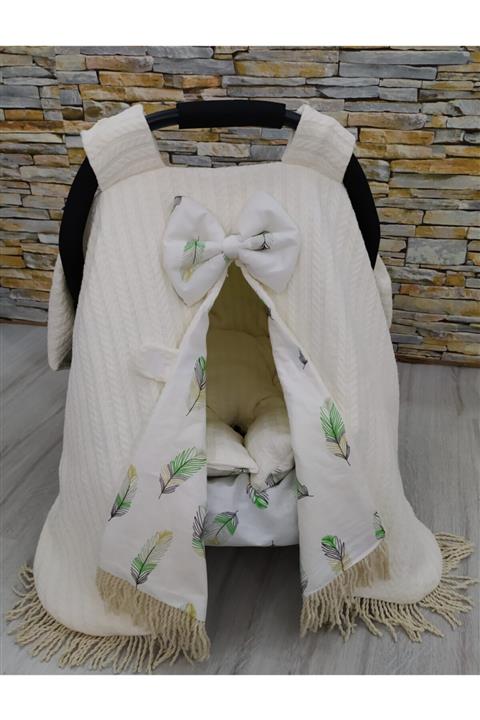 renklievimbeysehir Puset Örtüsü Set Babynest Krem Örme Pike Yeşil Tay Tüyü Saçaklı