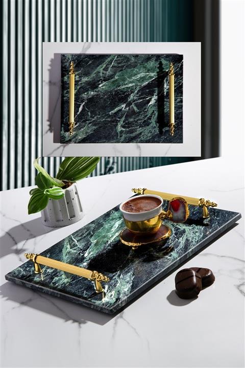 PearlHaus Çağla - Gerçek Mermer Söz/nişan/sunum Tepsisi Yeşil- Altın Kulp