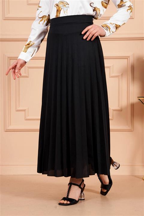 Allmıss Tam Boy Piliseli Etek 1691a - Siyah