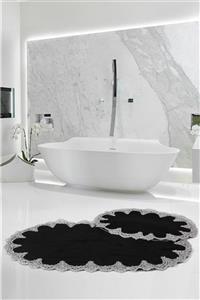 Bonny Home Peluş Lux Oval Siyah 2'li Dantelli Klozet Takımı Çeyizlik Banyo Halısı Paspası Seti