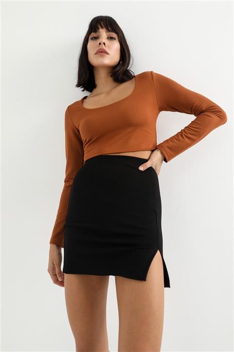 LAMODEMAPASS Kadın Siyah Mini Yırtmaçlı Etek