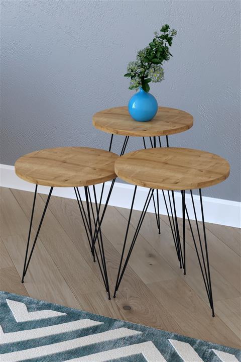 THE VİOLET Star 3'lü Yuvarlak Zigon Sehpa Çay Sehpası Servis Sehpası - Meşe