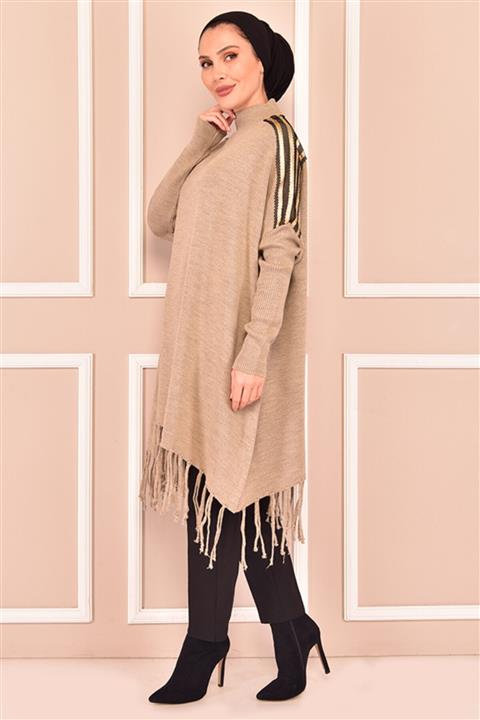 ModaMerve Omuz Şeritli Panço Bej Klc9304